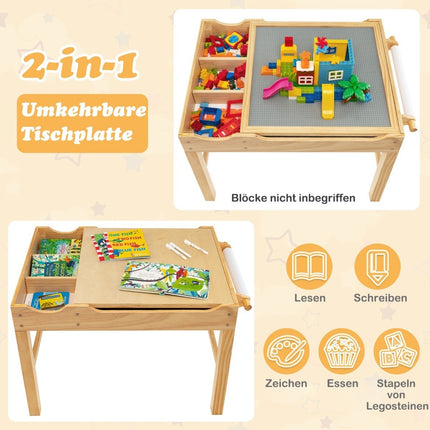 Table 2 en 1 en pin pour enfants avec plateau réversible et rangement