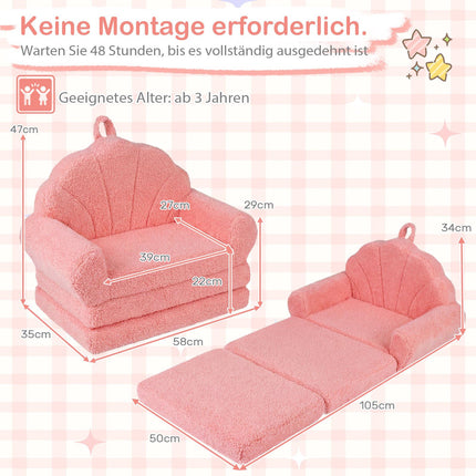 Canapé-lit 2 en 1 pour enfants, tissu rose à motifs ours en peluche, pliable