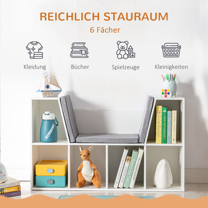 Étagère de rangement et banc 2 en 1 pour enfants avec coussin, blanc/gris