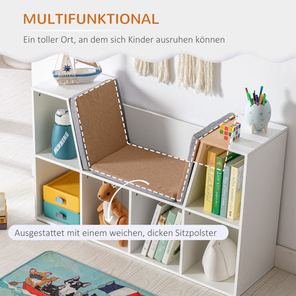 Étagère de rangement et banc 2 en 1 pour enfants avec coussin, blanc/gris