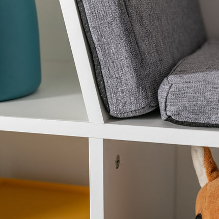 Étagère de rangement et banc 2 en 1 pour enfants avec coussin, blanc/gris