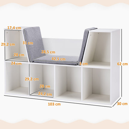 Étagère de rangement et banc 2 en 1 pour enfants avec coussin, blanc/gris