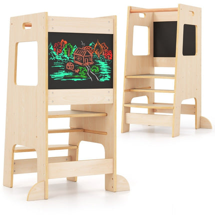 2 in 1 Küchenhelfer Lernturm mit 3 einstellbaren Höhen &amp; Tafel Tritthocker Lernstuhl Natur