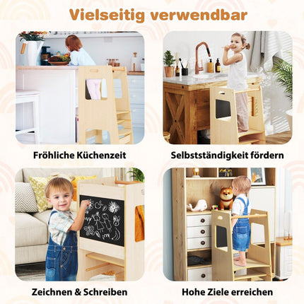 2 in 1 Küchenhelfer Lernturm mit 3 einstellbaren Höhen &amp; Tafel Tritthocker Lernstuhl Natur
