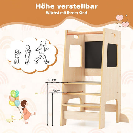 2 in 1 Küchenhelfer Lernturm mit 3 einstellbaren Höhen &amp; Tafel Tritthocker Lernstuhl Natur