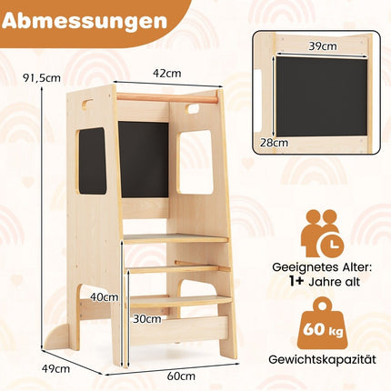 2 in 1 Küchenhelfer Lernturm mit 3 einstellbaren Höhen &amp; Tafel Tritthocker Lernstuhl Natur