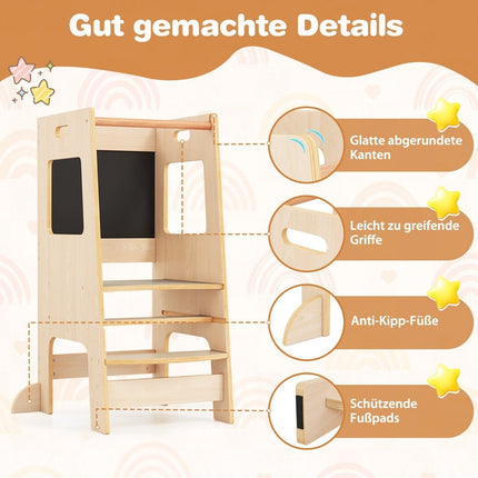 2 in 1 Küchenhelfer Lernturm mit 3 einstellbaren Höhen &amp; Tafel Tritthocker Lernstuhl Natur