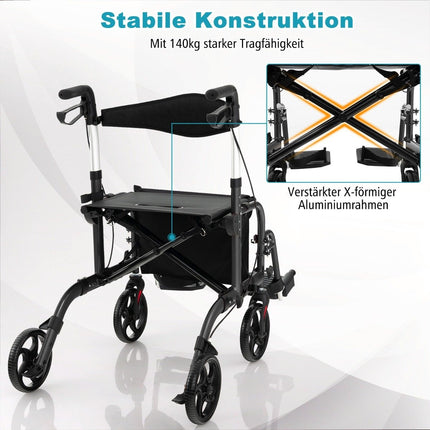 2-in-1 leichter Rollator & Rollstuhl, höhenverstellbar