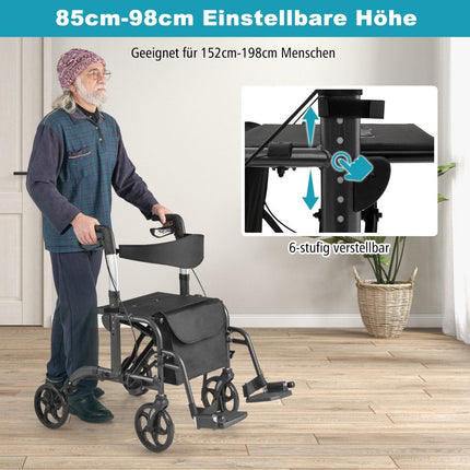 2-in-1 leichter Rollator & Rollstuhl, höhenverstellbar