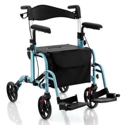 Déambulateur et chaise de transport 2 en 1, bleu, pliable