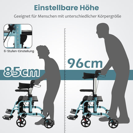 Déambulateur et chaise de transport 2 en 1, bleu, pliable