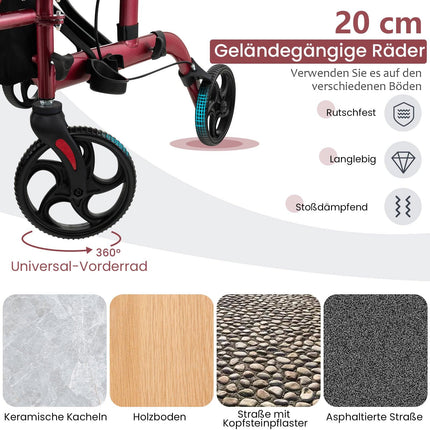 2-in-1 Rollator und Transportstuhl, Rot, Faltbar