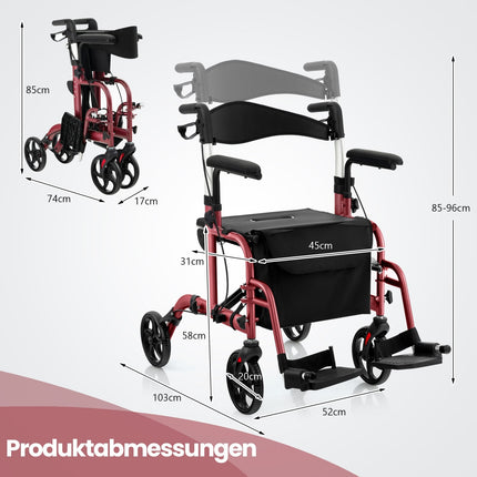 2-in-1 Rollator und Transportstuhl, Rot, Faltbar