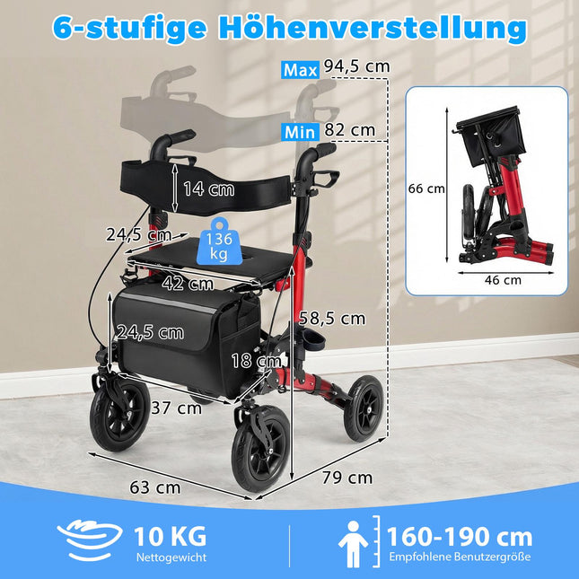 Rollator et fauteuil roulant 2 en 1, pliable, supporte jusqu'à 136 kg