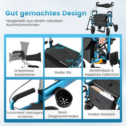 Déambulateur et fauteuil roulant 2 en 1, pneumatiques, pliable