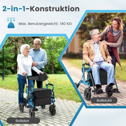 Déambulateur et fauteuil roulant 2 en 1, pneumatiques, pliable