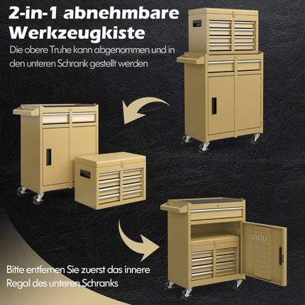 Coffre à outils roulant 2 en 1 avec 5 tiroirs et étagère réglable