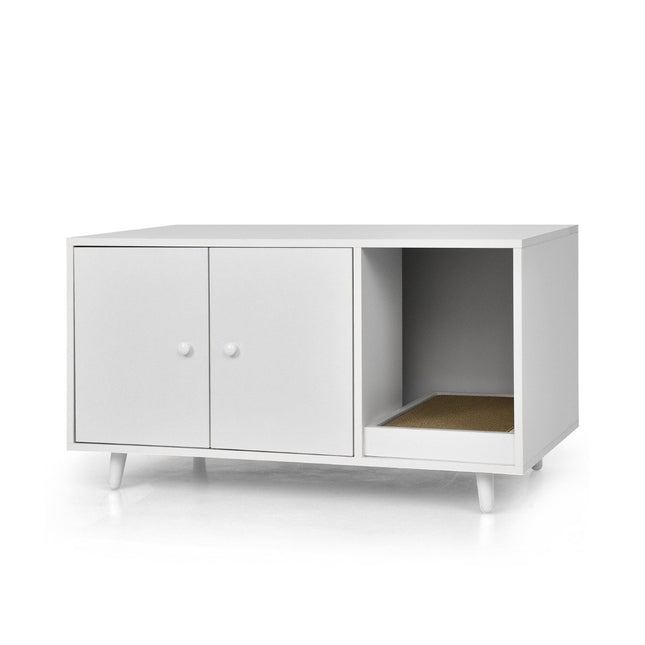 2 in 1 Beistelltisch &amp; Katzenschrank mit Kratzbrett Katzentoilette 90 x 50 x 50 cm Couchtisch weiß