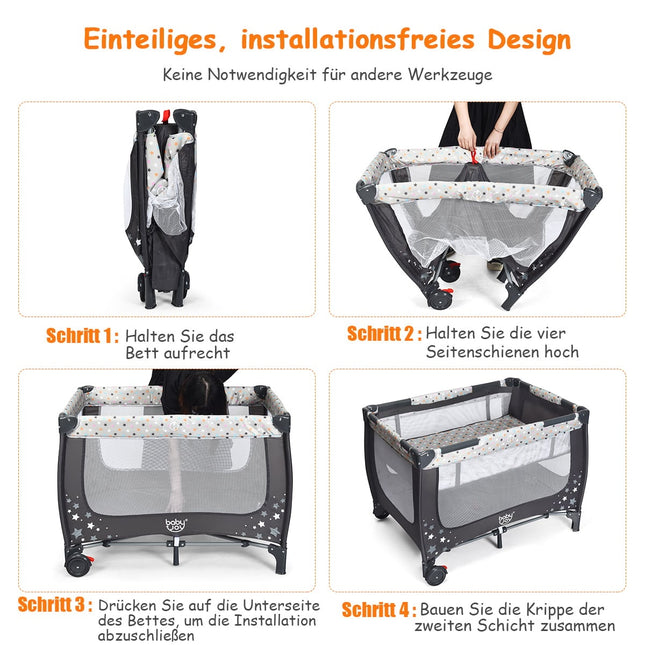 2-in-1 Reisebett & Laufstall, faltbar, 125x65x76 cm, Grau