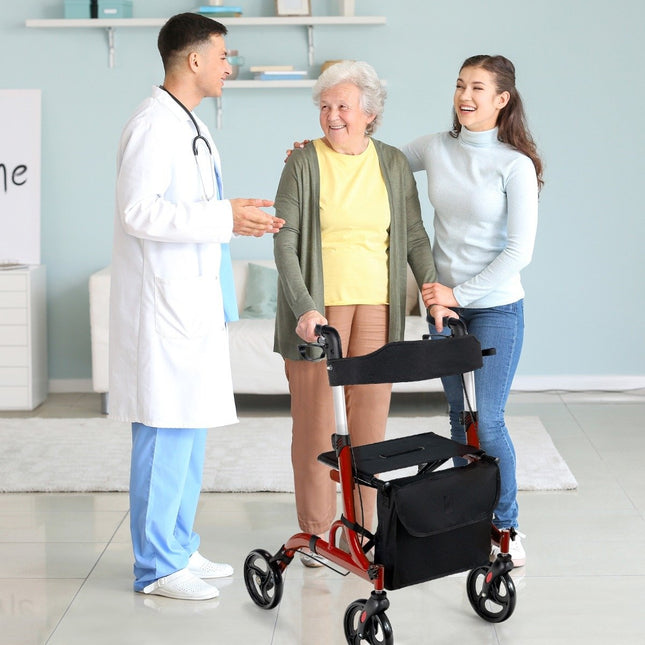 Déambulateur de voyage 2 en 1 avec siège, sac et porte-bâton, pliable et léger, rouge