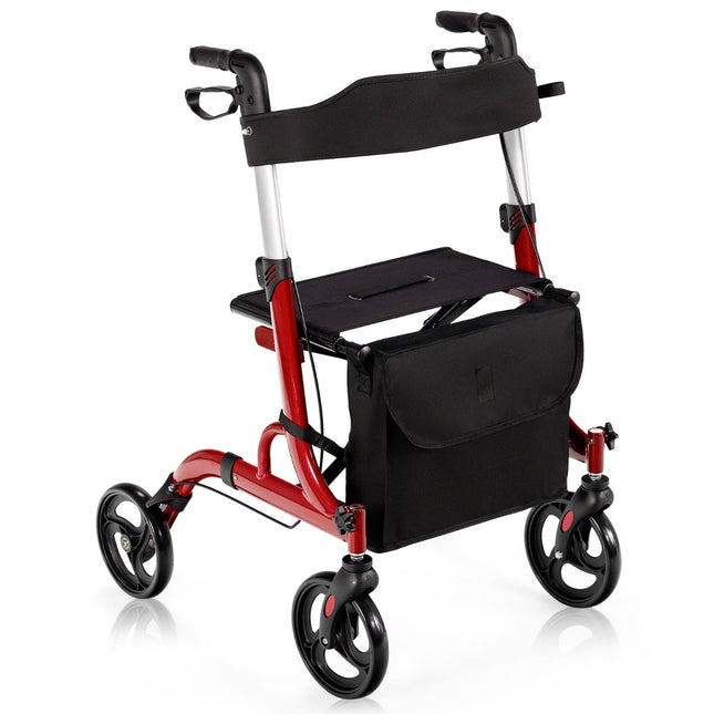 Déambulateur de voyage 2 en 1 avec siège, sac et porte-bâton, pliable et léger, rouge