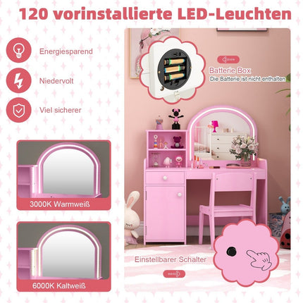 Ensemble de coiffeuse pour enfants 2 en 1 avec tabouret, lumières LED, miroir et tiroir, table cosmétique rose