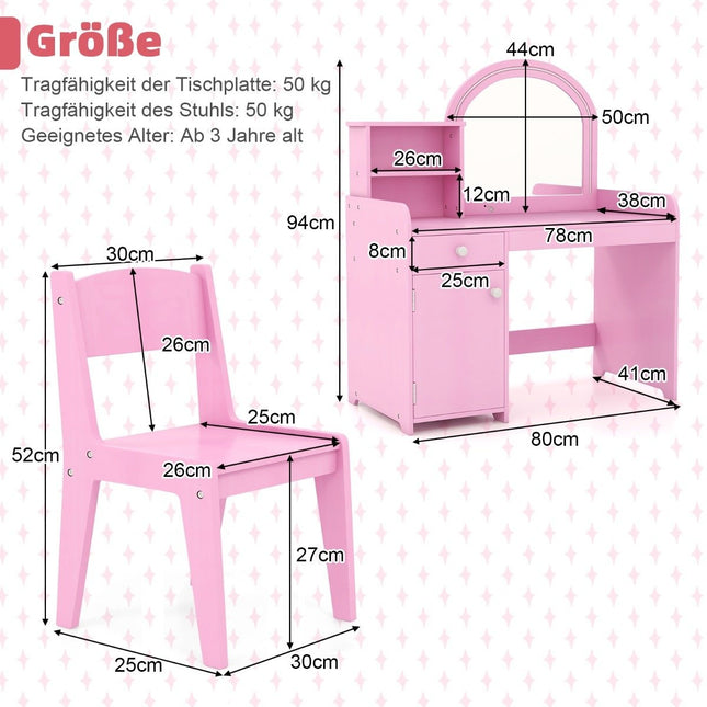 Ensemble de coiffeuse pour enfants 2 en 1 avec tabouret, lumières LED, miroir et tiroir, table cosmétique rose