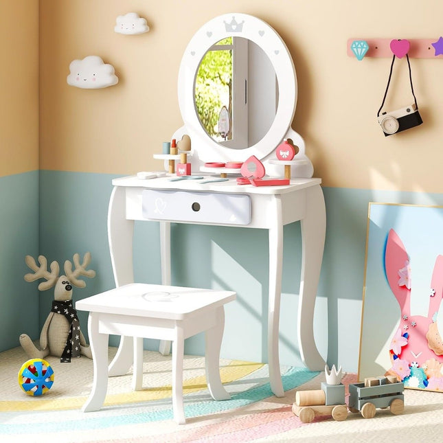 Ensemble coiffeuse enfant 2 en 1 avec tabouret & miroir amovible & tiroirs & accessoires