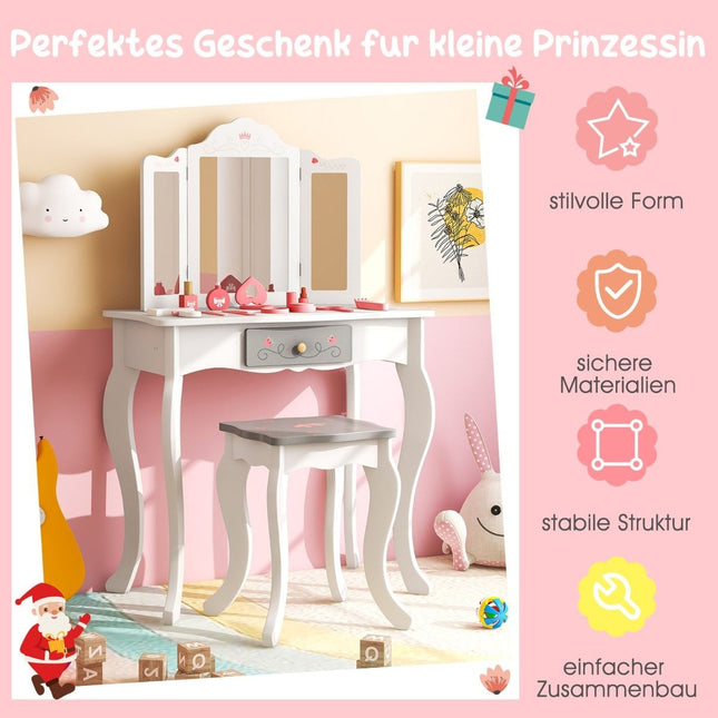 Coiffeuse enfant 2 en 1 + tabouret avec miroir rabattable & tiroir & accessoires