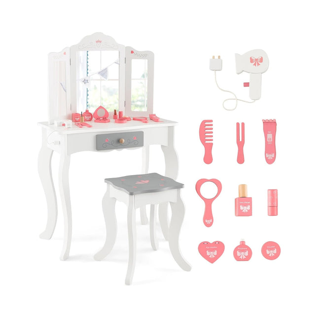 Coiffeuse enfant 2 en 1 + tabouret avec miroir rabattable & tiroir & accessoires