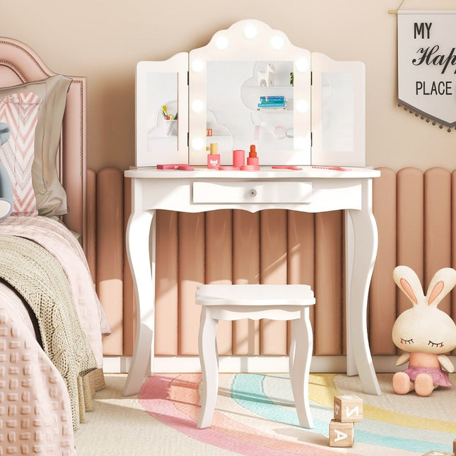 Coiffeuse enfant 2 en 1 avec lumières LED & miroir rabattable & tiroirs blanc
