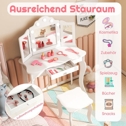 2 in 1 Kinderschminktisch mit LED-Leuchten &amp; Klappspiegel &amp; Schubladen weiß