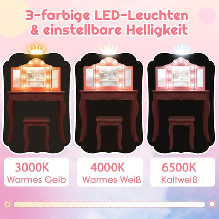 2 in 1 Kinderschminktisch mit LED-Leuchten &amp; Klappspiegel &amp; Schubladen weiß