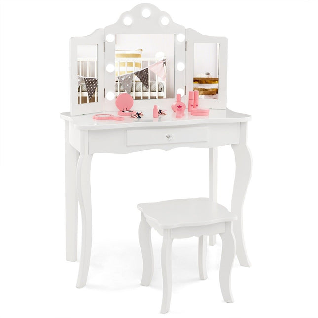 Coiffeuse enfant 2 en 1 avec lumières LED & miroir rabattable & tiroirs blanc