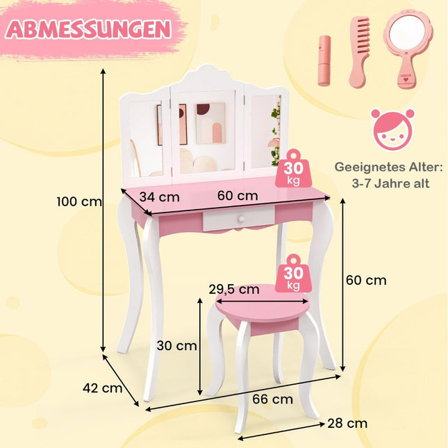 2 in 1 Kinderschminktisch mit Hocker &amp; 3-fach abnehmbarem Spiegel &amp; Schubladen-Schminktisch