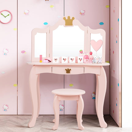 2 in 1 Kinderschminktisch mit Hocker und abnehmbarem Spiegel Mädchen Frisiertisch Spiegeltisch 80x42x105cm Rosa