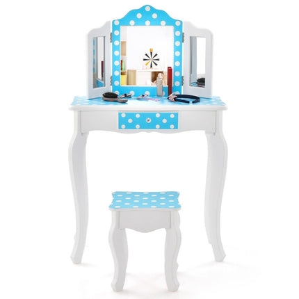 2 in 1 Kinderschminktisch mit Hocker &amp; 3-fach Klappspiegel &amp; Schublade Dot Blue