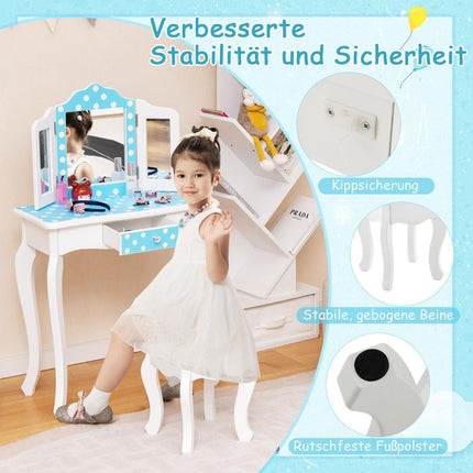 2 in 1 Kinderschminktisch mit Hocker &amp; 3-fach Klappspiegel &amp; Schublade Dot Blue