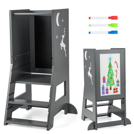 2 in 1 Lernturm für Kinder mit doppelseitiger Tafel &amp; 3-fach höhenverstellbarem Küchenhocker Tritthocker Grau