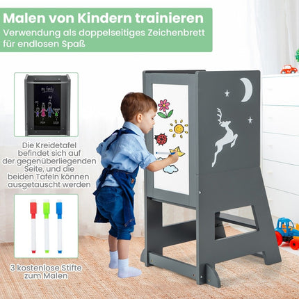 2 in 1 Lernturm für Kinder mit doppelseitiger Tafel &amp; 3-fach höhenverstellbarem Küchenhocker Tritthocker Grau