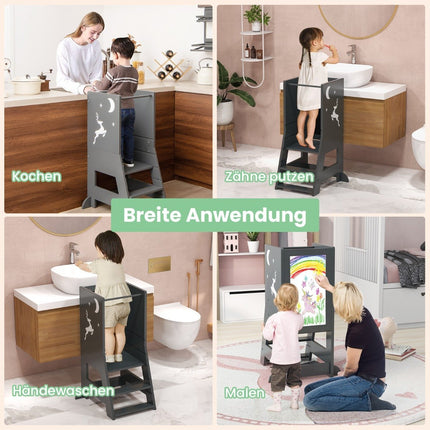 2 in 1 Lernturm für Kinder mit doppelseitiger Tafel &amp; 3-fach höhenverstellbarem Küchenhocker Tritthocker Grau
