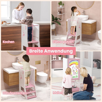 2 in 1 Kinder Lernturm mit doppelseitiger Tafel &amp; 3-fach höhenverstellbarem Küchenhocker Tritthocker Rosa