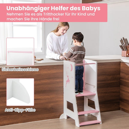 2 in 1 Kinder Lernturm mit doppelseitiger Tafel &amp; 3-fach höhenverstellbarem Küchenhocker Tritthocker Rosa
