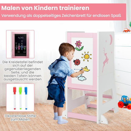 2 in 1 Kinder Lernturm mit doppelseitiger Tafel &amp; 3-fach höhenverstellbarem Küchenhocker Tritthocker Rosa