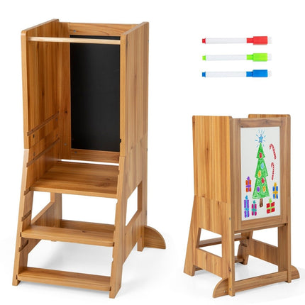 2 in 1 Kinder-Lernturm mit doppelseitiger Tafel &amp; 3-fach höhenverstellbarem Küchenhocker Tritthocker Natur