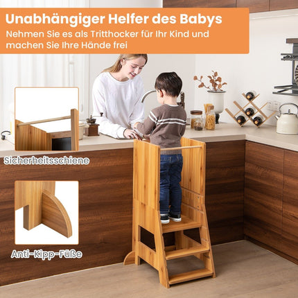 2 in 1 Kinder-Lernturm mit doppelseitiger Tafel &amp; 3-fach höhenverstellbarem Küchenhocker Tritthocker Natur