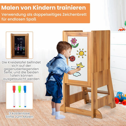 2 in 1 Kinder-Lernturm mit doppelseitiger Tafel &amp; 3-fach höhenverstellbarem Küchenhocker Tritthocker Natur