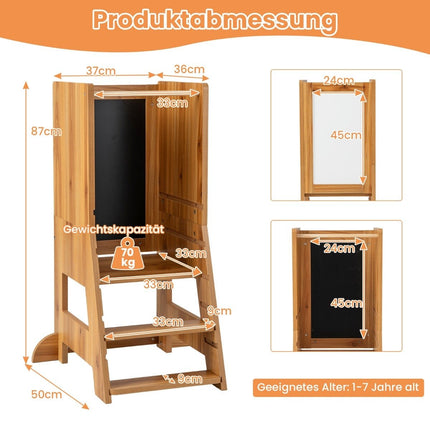 2 in 1 Kinder-Lernturm mit doppelseitiger Tafel &amp; 3-fach höhenverstellbarem Küchenhocker Tritthocker Natur