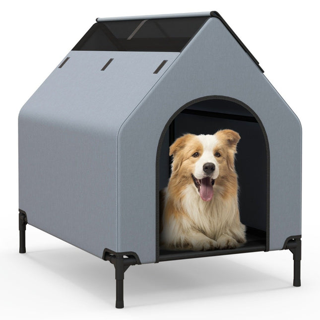 Niche et ampli pour chien 2 en 1 Lit surélevé pour chien, chaise longue d'extérieur pour animal domestique avec maille respirante, gris, 64 x 91 x 86 cm