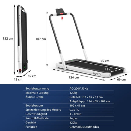 2-in-1 faltbares Laufband mit APP &amp; Fernbedienung, Handyhalterung, LED-Display und Lautsprecher, weiß